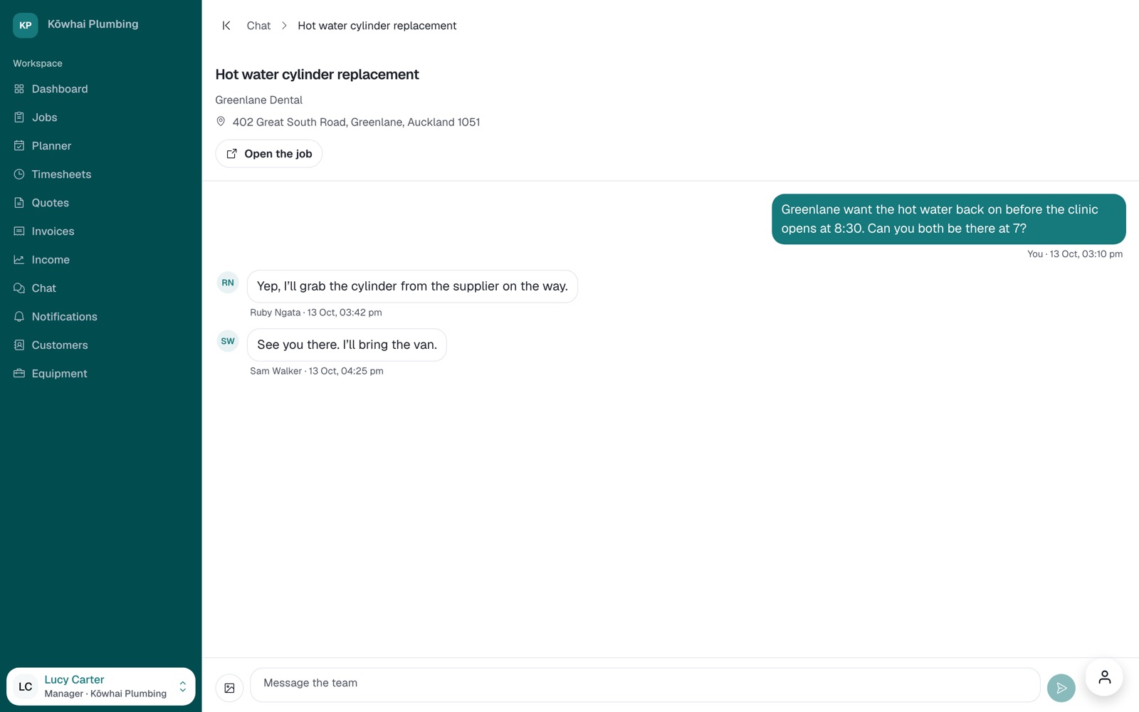 The chat thread on the hot water cylinder job.