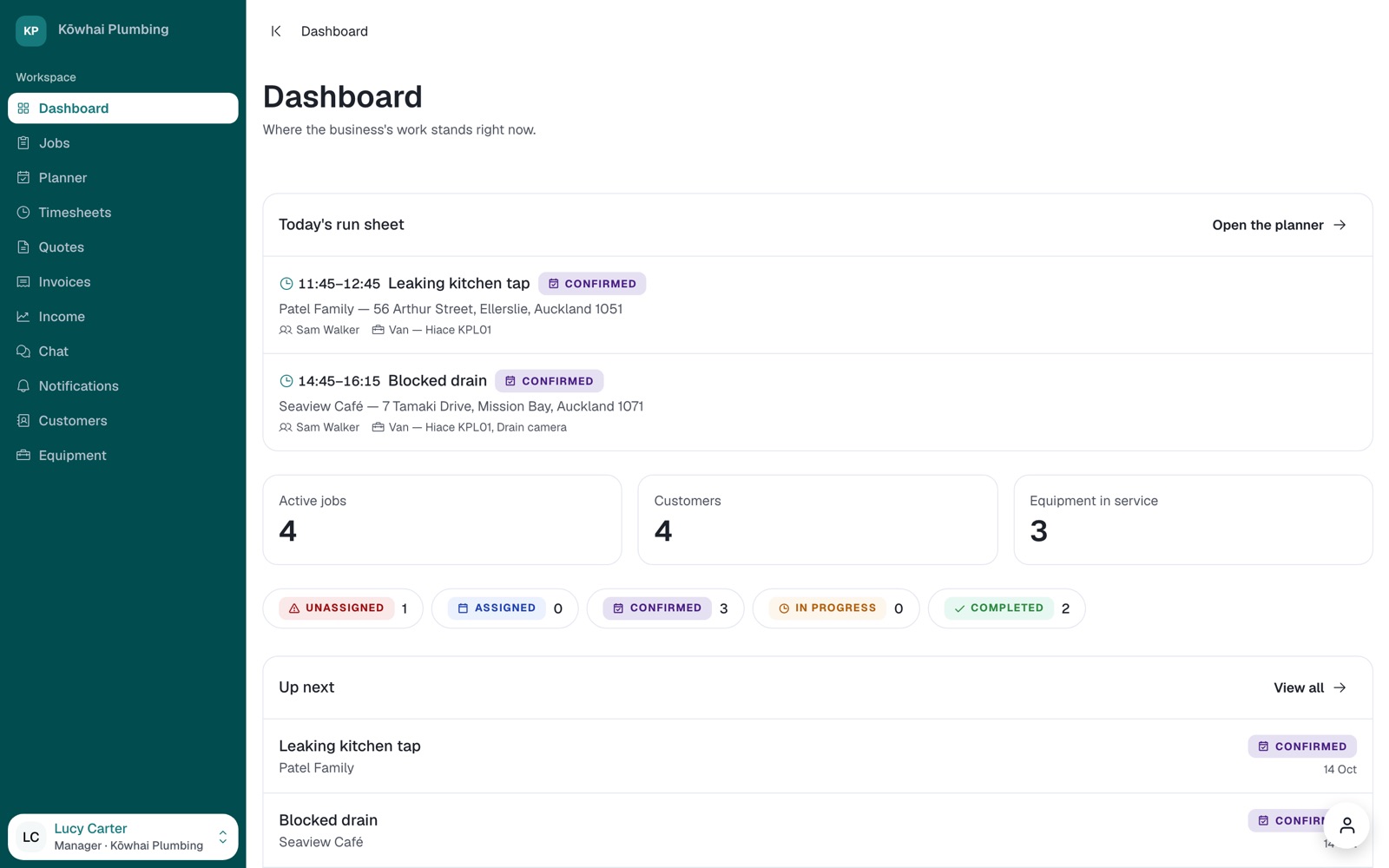 The dashboard, with today's run sheet, job counts by status and up-next jobs.