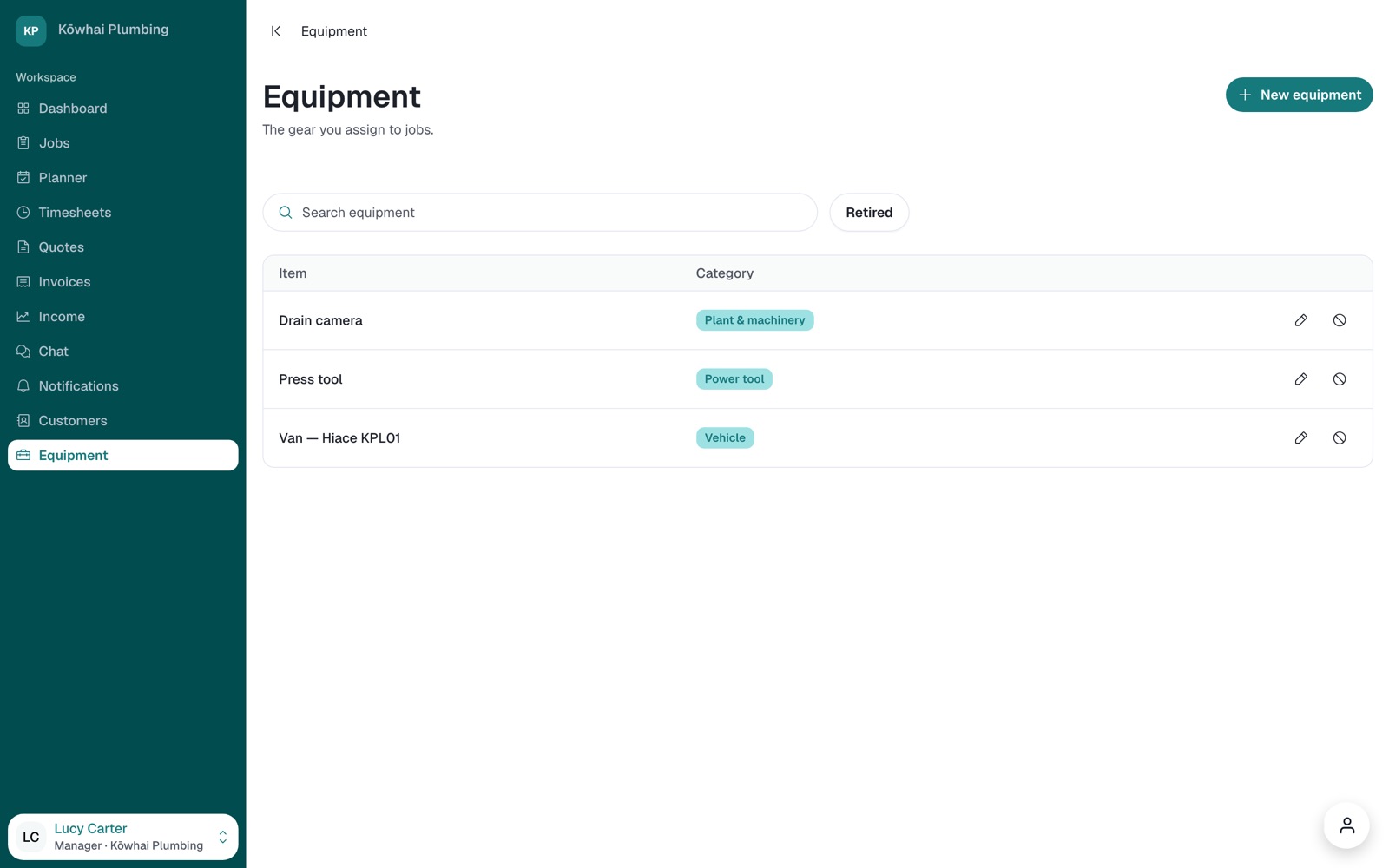 The equipment list.