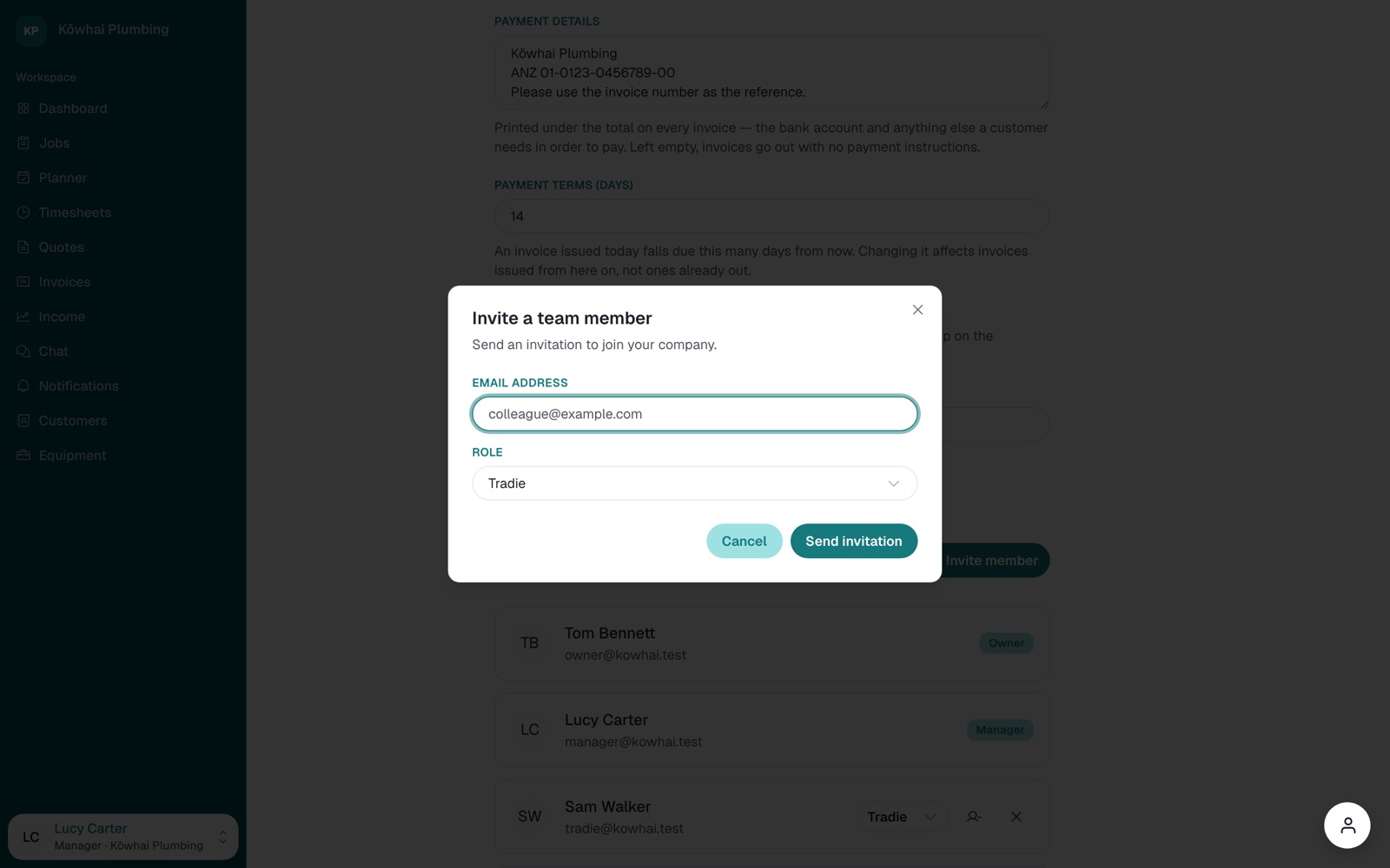 The Invite a team member dialog, with an email address field and a role of Tradie.