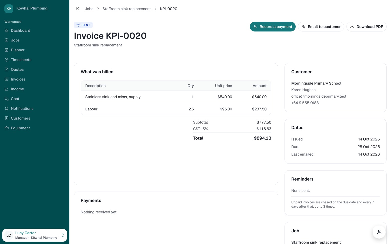 An invoice with Record a payment, Email to customer and Download PDF buttons.