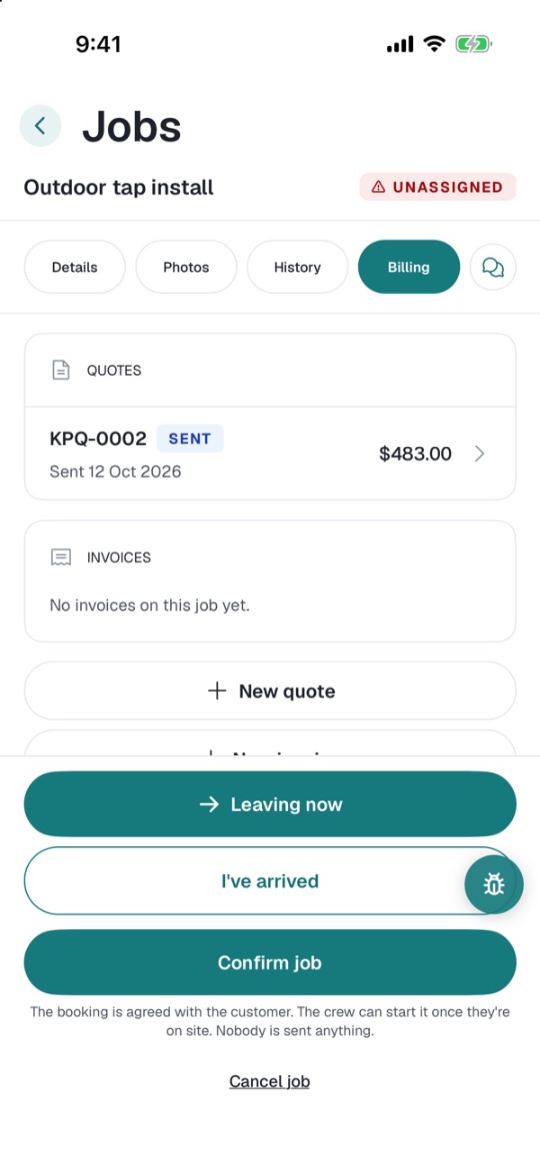 The Billing tab on the outdoor tap job: the sent quote, no invoices yet, and New quote and New invoice buttons.