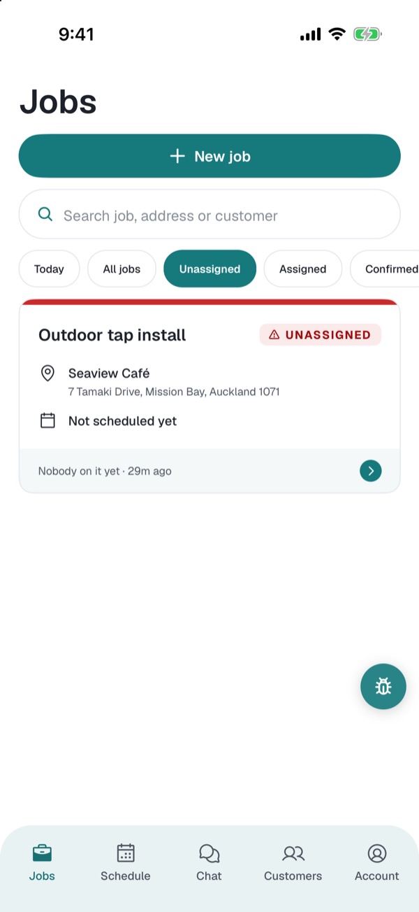 Lucy's Jobs tab filtered to Unassigned, showing Outdoor tap install with nobody on it, and a New job button.