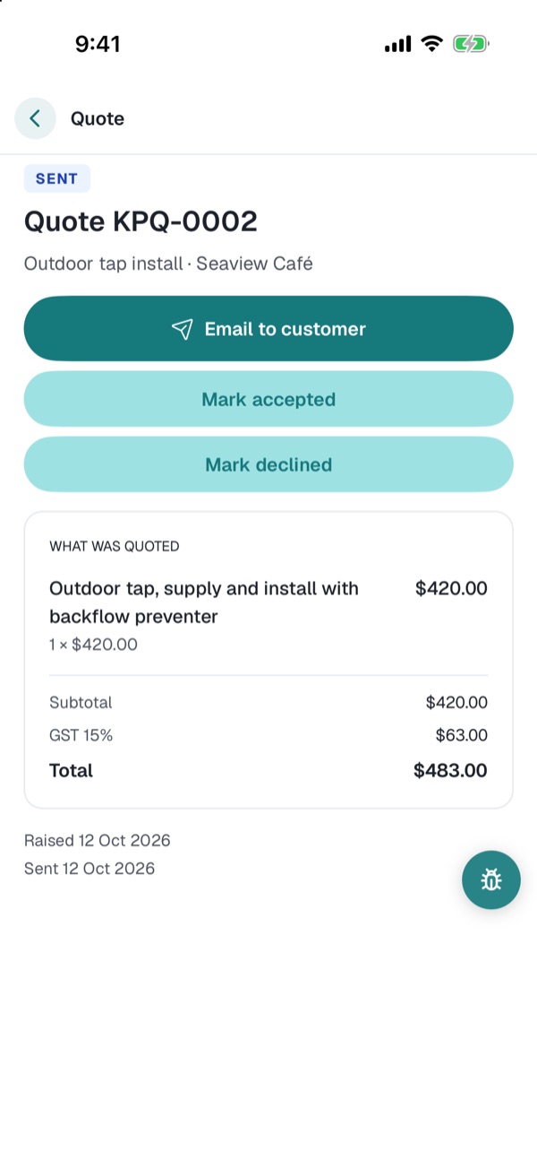 A sent quote on the phone, with Email to customer, Mark accepted and Mark declined, and the quoted lines and total.