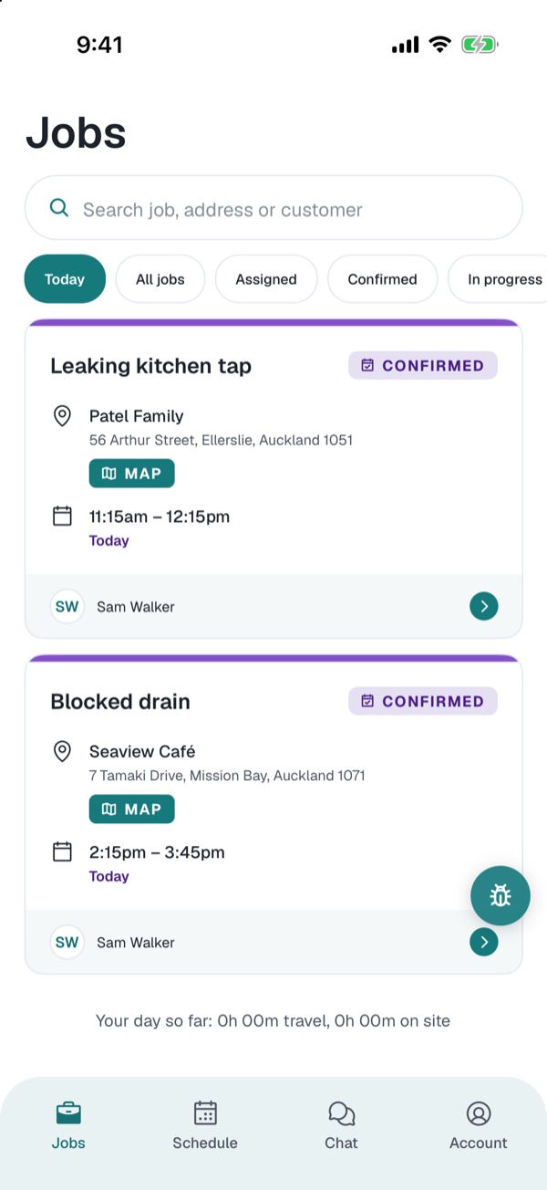 Sam's Jobs tab on the phone, with the round bug button on the right edge.