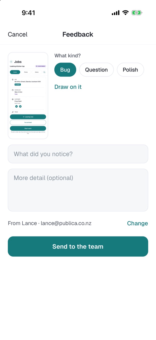 The phone feedback form: the screenshot, Bug, Question or Polish, Draw on it, a title, more detail, and Send to the team.