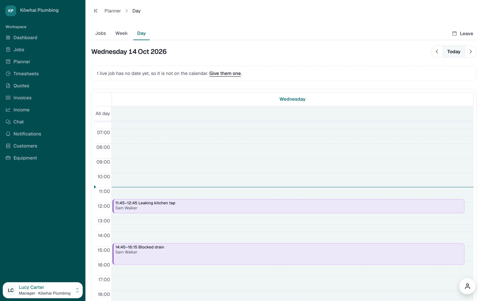 The Planner's day view for today, showing Sam's two jobs at their times.