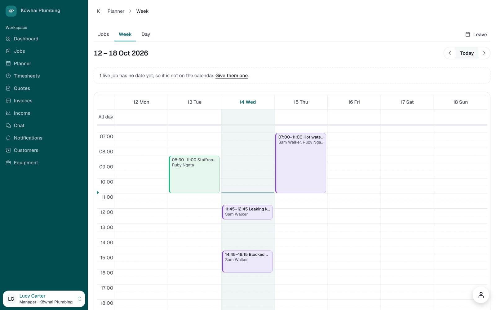 The Planner's week calendar, Monday to Sunday, with each job placed at its time and the people on it.