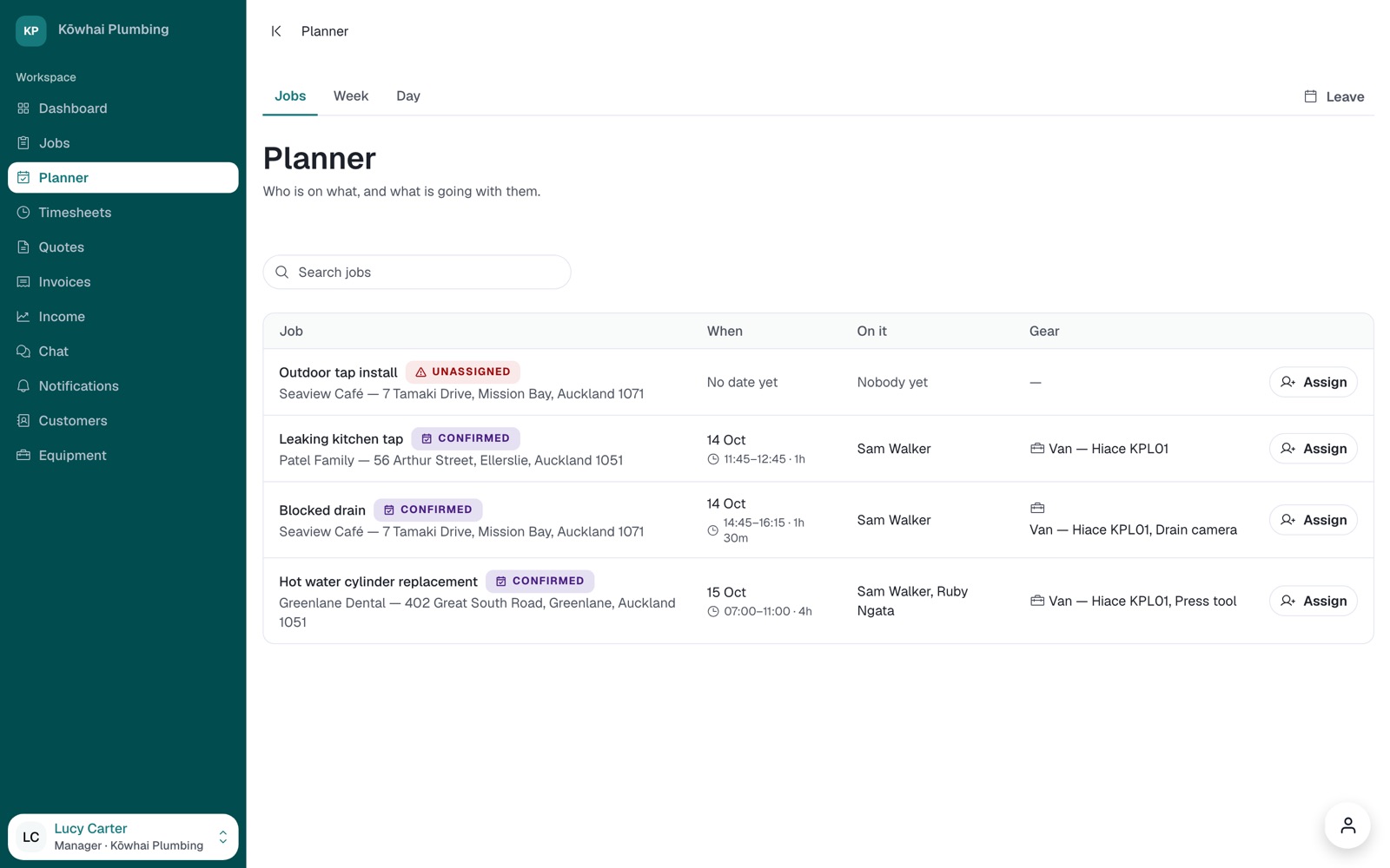 The Planner's jobs list, with an unassigned job at the top and an Assign button on each row.