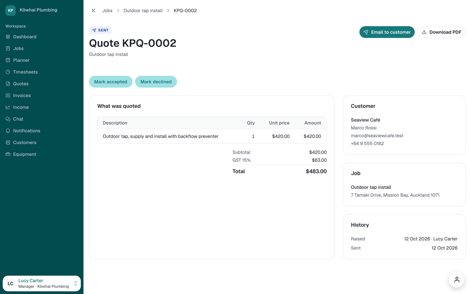 A sent quote with Mark accepted and Mark declined buttons, its lines and the GST total.