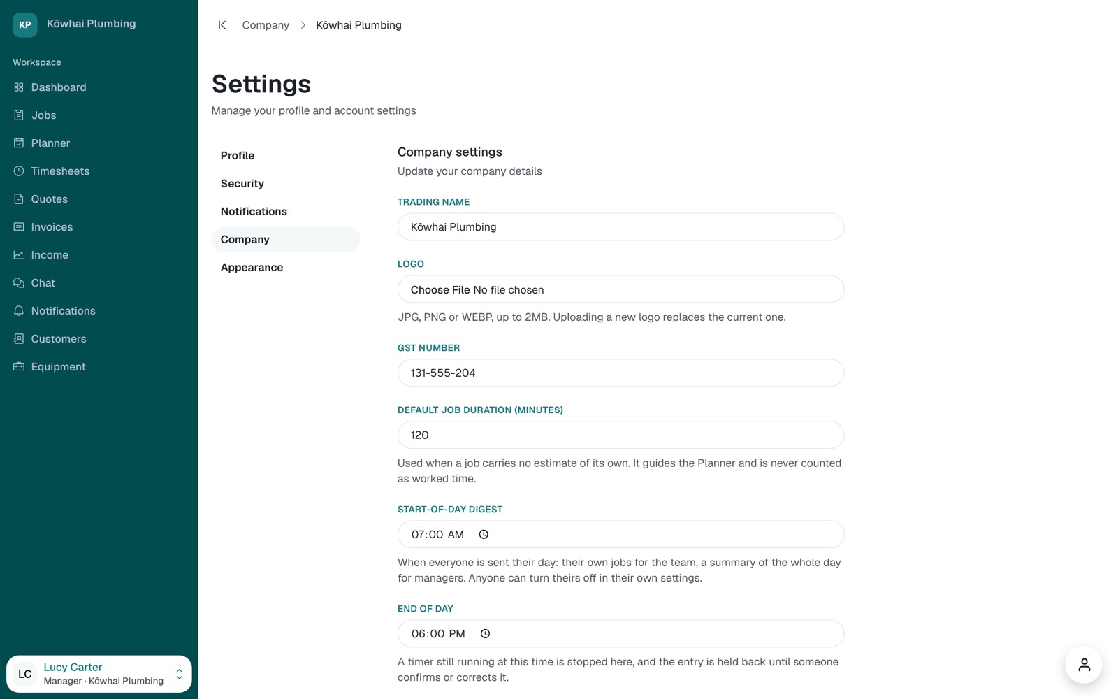 Company settings, with trading name, logo, GST number and working-day settings.